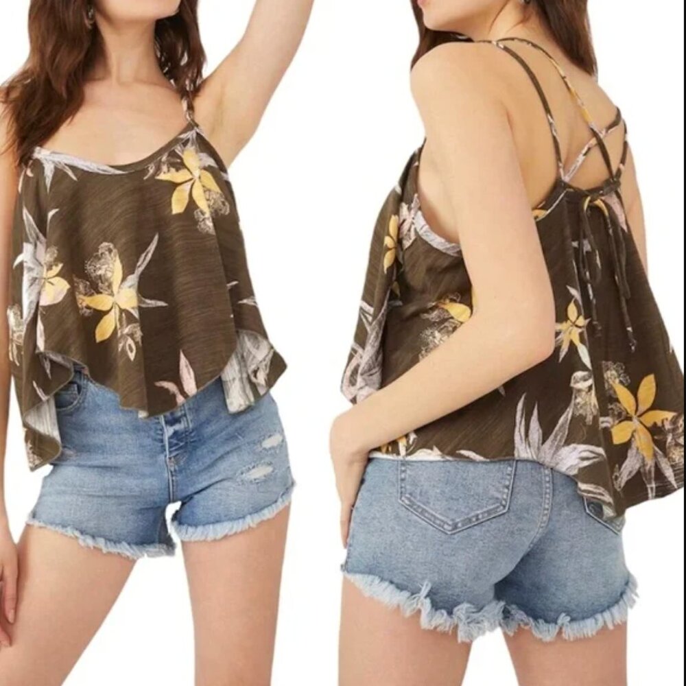 WE THE FREE Hey Girl Brown Floral Strap Square Neck High-Low Tank Top women M